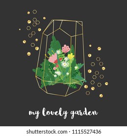 Vector golden geometric florarium vase with different plants and flowers surrounded by golden shiny hexagons. My lovely garden phrase. Gardening concept. Black background