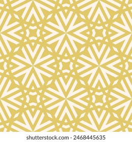 Vector golden geometric graphic texture. Elegant seamless pattern with lines, stars, arrows, grid, lattice, floral silhouettes. Simple abstract gold background. Modern repeated decorative geo design