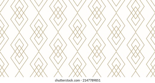 Vector golden geometric line texture. Elegant seamless pattern with diamonds, linear rhombuses. Abstract gold and white ornament. Art deco style. Trendy minimal background. Luxury repeat geo design
