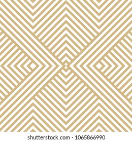 Vector golden geometric lines pattern. Luxury linear background with stripes, diagonal shapes, squares, chevron. Abstract white and gold seamless texture. Modern stylish design for decoration, covers