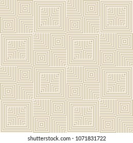 Vector golden geometric lines seamless pattern. Subtle linear background with stripes, squares, chevron, repeat tiles. Abstract ornamental white and gold texture. Modern design for decor, fabric, wrap