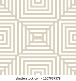 Vector golden geometric lines seamless pattern. Abstract white and gold ornament with stripes, squares, repeat tiles, grid, lattice. Subtle linear background texture. Luxury design for decor, fabric