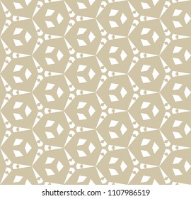 Vector golden geometric seamless pattern with hexagonal lattice, triangular shapes. Simple abstract geometry. Cellular grid texture. Modern white and gold background. Repeat design for decor, prints