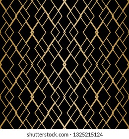 Vector golden geometric seamless pattern with delicate grid, net, thin lines, rhombuses, diamonds. Abstract black and gold graphic background texture. Art deco style ornament. Luxury repeat design