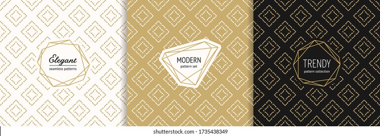 Vector golden geometric seamless pattern collection with stylish minimal labels. Elegant gold texture with diamond shapes, squares, rhombuses. Art deco style. Trendy linear background. Luxury design