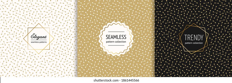 Vector golden geometric seamless pattern collection with stylish minimal badges. Elegant gold texture with lines and dots. Trendy minimalist background. Luxury premium design for print, banner, card