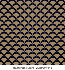 Vector golden geometric seamless pattern in art deco style. Simple abstract background with curved shapes, fish scale, peacock ornament, mesh, grid. Stylish gold and black texture. Repeat geo design