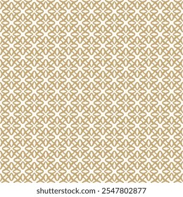 Vector golden geometric seamless pattern. Luxury abstract ornamental texture with flower silhouettes, crosses, lattice, grid, repeat tiles. Simple gold and white geo background. Repeating design