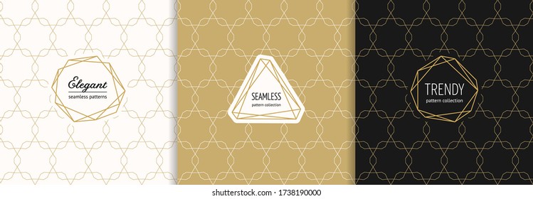 Vector golden geometric seamless patterns with stylish minimal labels. Elegant gold textures set with linear grid, mesh, net, lattice, thin line. Art deco style. Trendy minimalist background. Luxury d