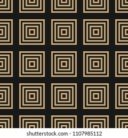 Vector golden geometric squares seamless pattern. Abstract black and gold graphic ornament with lines, stripes, squared shapes. Modern linear background. Elegant texture. Luxury repeatable design