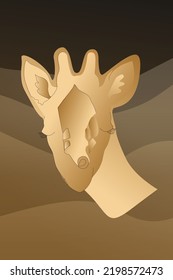 Vektorgrafik, Golden Giraffe Portrait auf dem Hintergrund der Wüstenlandschaft der Nacht. Sammlung zeitgenössischer Kunst. Poster im trendigen Stil