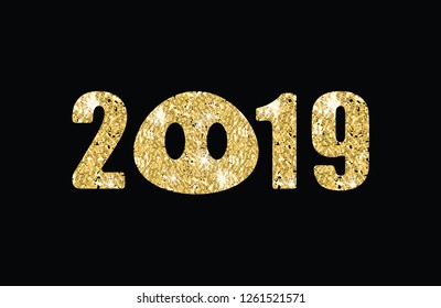 Vector golden glitter 2019 new year lettering banner with pig nose isolated on black 