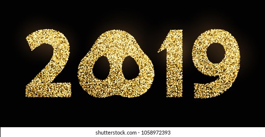 Vector golden glitter 2019 numbers with zero as pig nose new year template for calendar page or greeting card typography poster