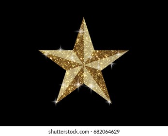 The vector golden glitter 3D review star icon on black background