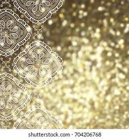 Vector golden glitter blurred background template for cards, hand drawn backdrop for invitations and posters, with ornate border white lace and copy space.
