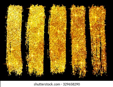 Vector golden glitter brush strokes set isolated on black background