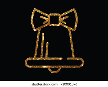 The vector golden glitter Christmas bell decoration with ribbon line icon
