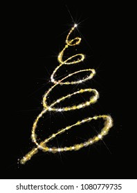 Vector golden, glitter Christmas tree. Christmas tree greeting card.