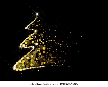 Vector golden, glitter Christmas tree. Christmas tree greeting card.