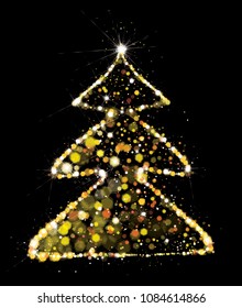 Vector golden, glitter Christmas tree. Christmas tree greeting card.