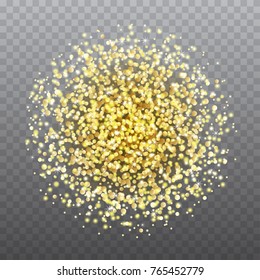 Vector golden glitter dust particles in circle shape. Glowing magic shine, star dust explosion, sparkle dots, round tinsel elements on transparent background for elegant glamour design