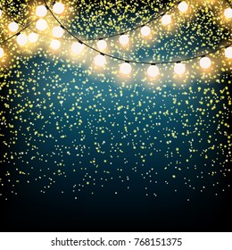 Vector golden glitter dust particles. Glowing magic shine, star dust explosion on dark background , glowing lights garland