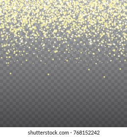 Vector golden glitter dust particles. Glowing magic shine, star dust explosion, gold confetti on transparent background for elegant glamour design