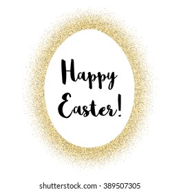 Vector golden glitter frame with hand drawn title "Happy Easter". Circle frame.