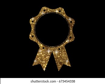 The vector golden glitter of gold color award medal ribbon badge on black background