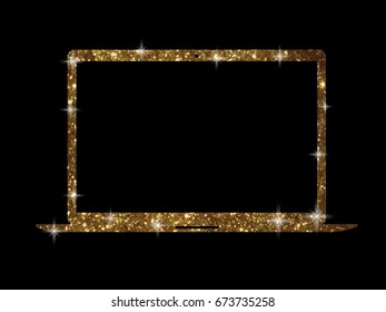 The vector golden glitter gold color flat laptop computer icon on black background svg