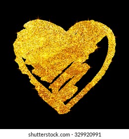Vector golden glitter grunge heart isolated on black background