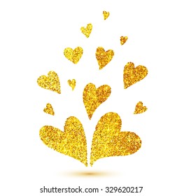Vector golden glitter hearts isolated at white background