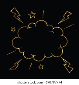 Vector golden glitter of isolated comic speech cloud bubbles with star and thunderstorm