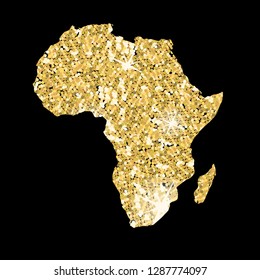 Vector golden glitter map of Africa silhouette isolated on black background 