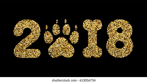 Vector golden glitter numbers 2018 with zero as dog paw print and one in bone shape next new year, calendar front page design