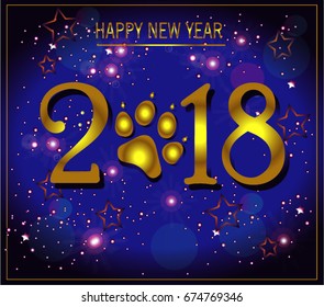 Vector golden glitter numbers 2018 with zero as dog paw print and one in bone shape next new year