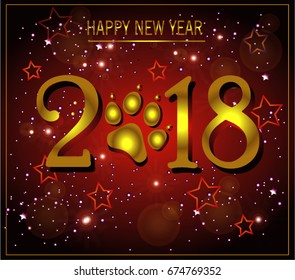 Vector golden glitter numbers 2018 with zero as dog paw print and one in bone shape next new year