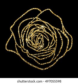 Vector golden glitter rose flower outline contour on black background