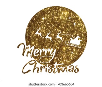 vector golden glitter Santa Claus, reindeer and moon poster with Merry Christmas word