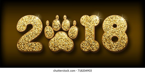 Vector golden glitter shiny numbers 2018 with zero as dog paw print and one in bone shape next new year, calendar front page design template