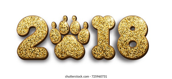 Vector golden glitter shiny numbers 2018 with zero as dog paw print and one in bone shape next new year, calendar front page design template with transparent shadow on white background