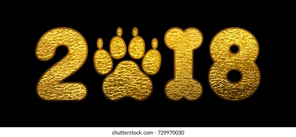 Vector golden glitter shiny numbers 2018 with zero as dog paw print and one in bone shape next new year, calendar front page design template, greeting card