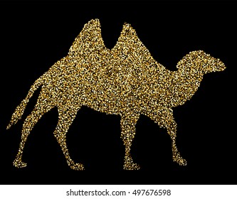Vector golden glitter silhouette walking bactrian camel