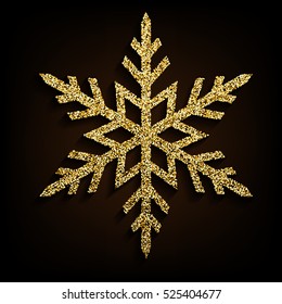 Vector golden glitter single snowflake decorative design element with shadow