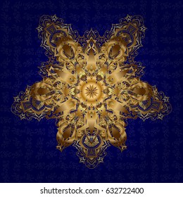Vector golden glitter snowflake design decorative Christmas element on a blue background.