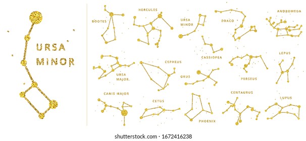 Vector golden and glitter sparkle celestial constellations with names, golden lines and dots as a star. Shiny south and north hemisphere general constellation set.