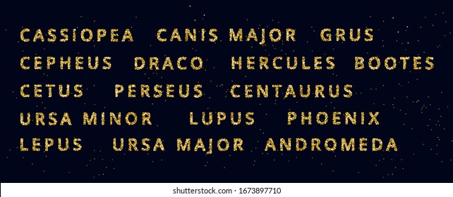 Vector golden and glitter sparkle celestial constellations names, golden lines and dots as a star. Shiny south and north hemisphere constellation set.