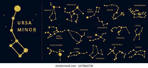 Vector golden and glitter sparkle celestial constellations with names, golden lines and dots as a star. Shiny south and north hemisphere general constellation set.