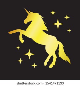 Vector golden glitter unicorn silhouette with stars isolated on black background