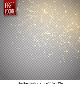 Vector golden glittering star dust trail. Shine particles isolated on transparent background. Dust cloud with glow light